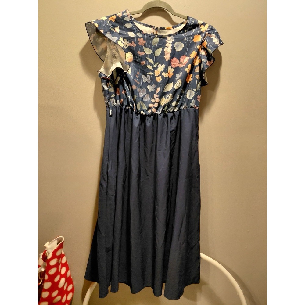 68-SHEIN Blue Multicolor Floral Ruffle Short Sleeve Midi Shirt Dress A-Line XL
